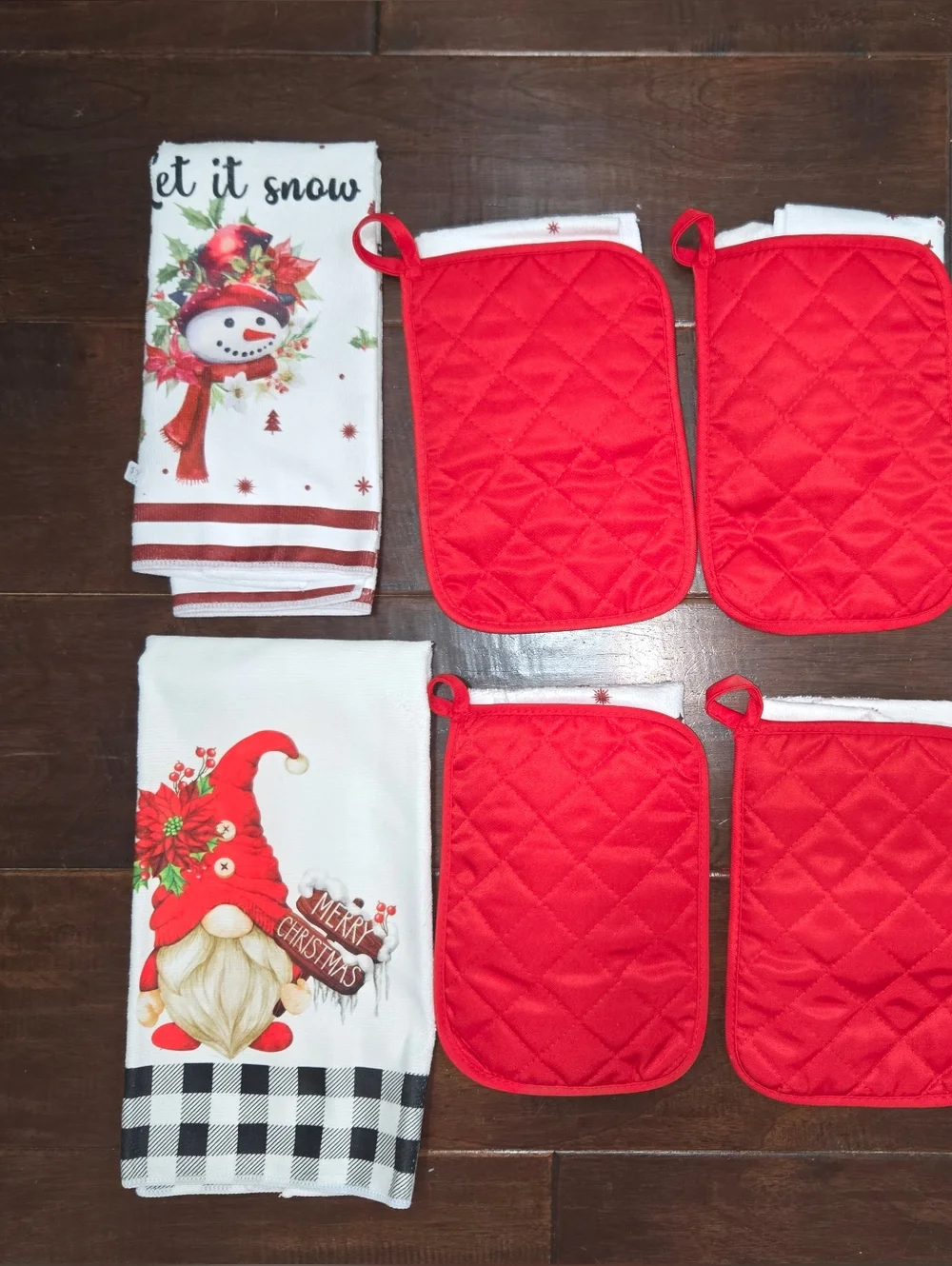 Holiday Red and White Kitchen Towel & Oven Mitt Set And Earrings